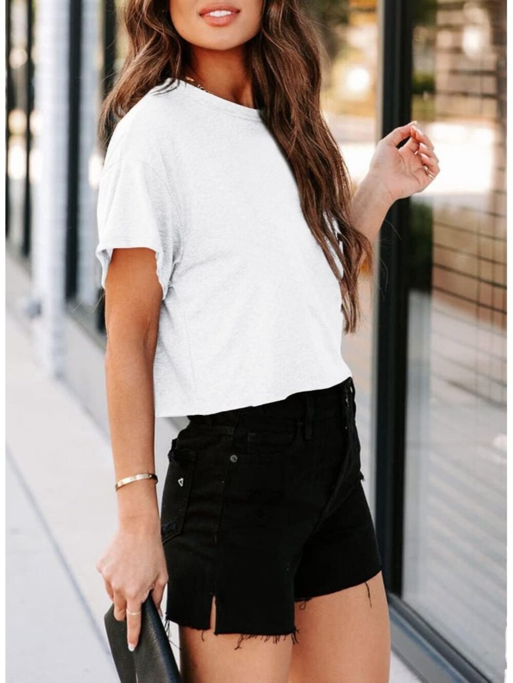 〽️Women's White Short Sleeve Crew Neck Loose Casual Drop Shoulder Crop Tops
